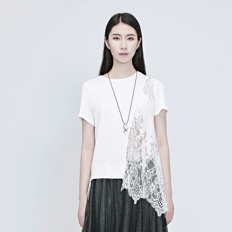 圣迪奥女夏季蕾丝钩花拼接圆领时尚通勤百搭套头短袖T恤S20280128