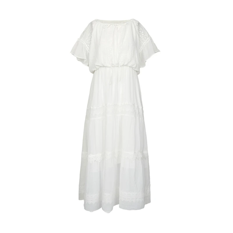 S·DEER圣迪奥圆领白色蕾丝泡泡袖显瘦露肩通勤连衣裙S222Z1278