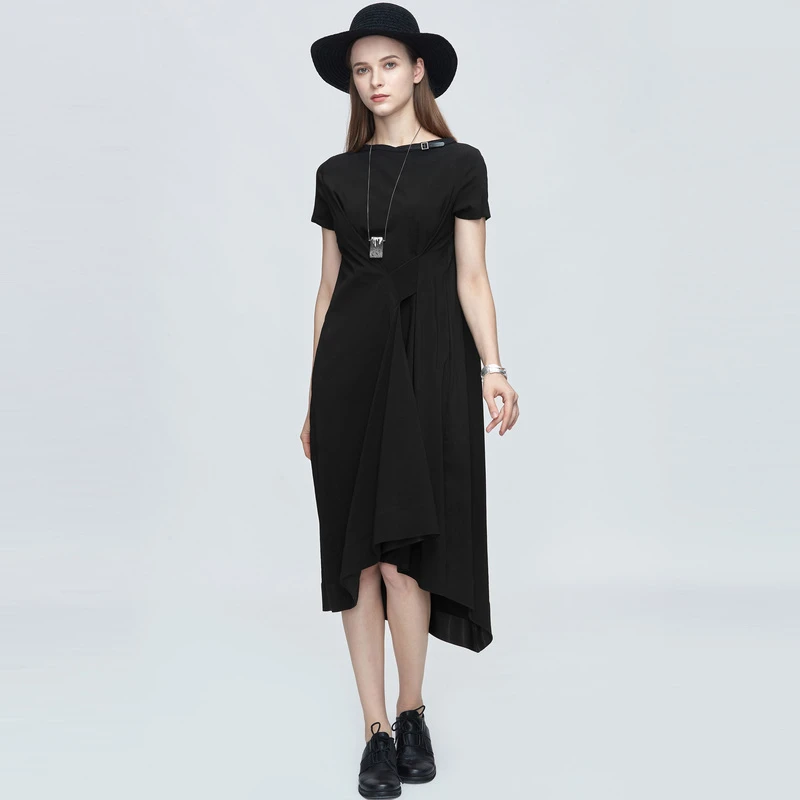 S·DEER圣迪奥黑色夏季气质圆领不规则拼接垂坠连衣裙S21281220