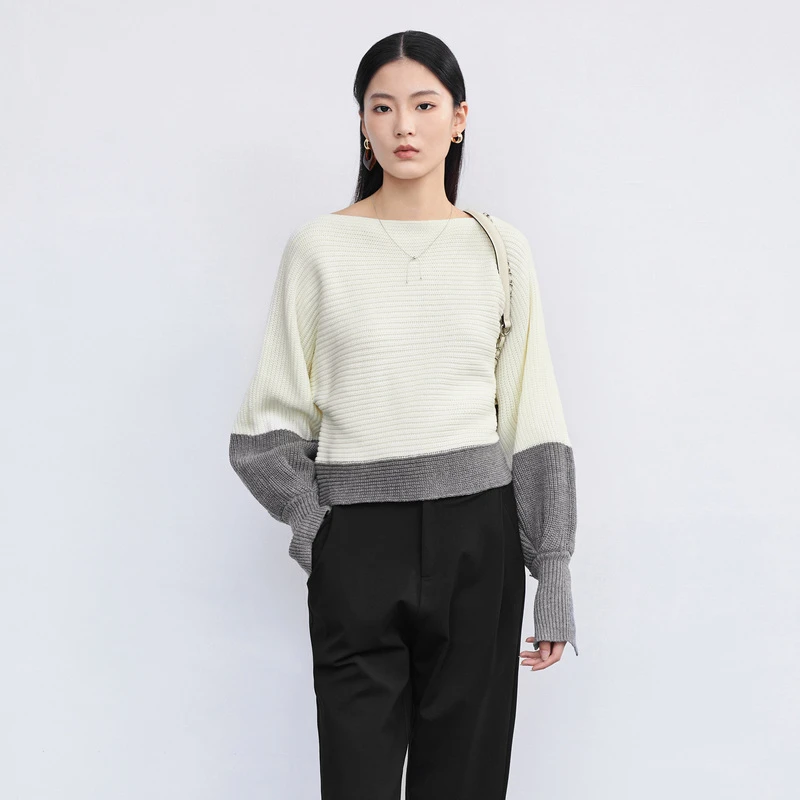 S·DEER圣迪奥女装拼接撞色通勤时尚百搭女装套针织衫S224Z3512