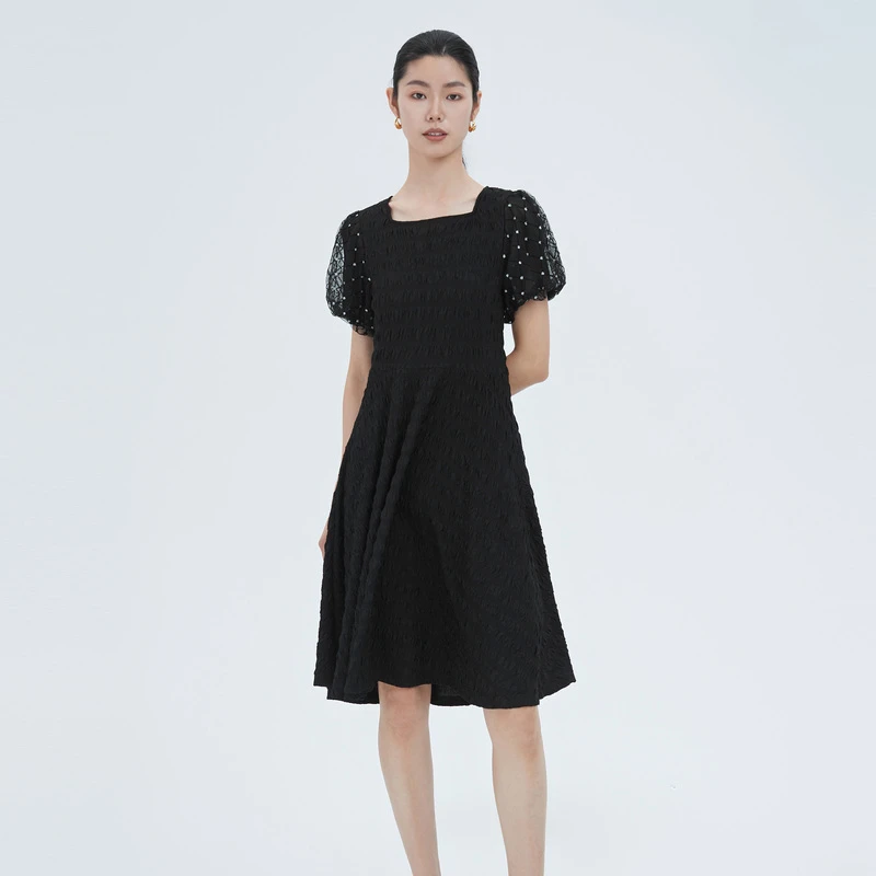 S·DEER圣迪奥女装方领肌理网纱泡泡袖显瘦气质连衣裙S222Z12K6