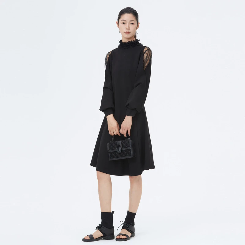 sdeer圣迪奥时尚女装系带网纱拼接宽松设计师长袖连衣裙S221Z1276