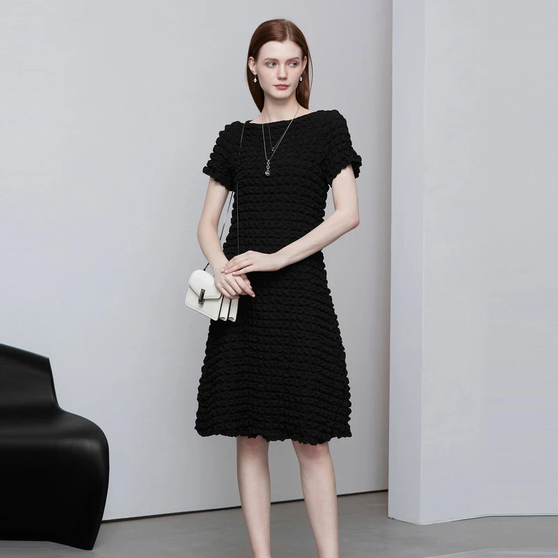 S·DEER圣迪奥女装黑色气质时尚显设计师瘦短袖连衣裙S222Z12E8