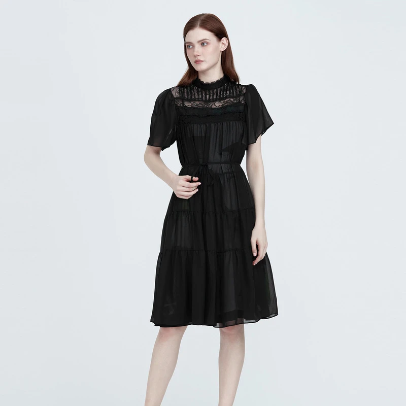 sdeer圣迪奥女装时尚印花蕾丝吊带两件套衬衫气质连衣裙S222Z1210