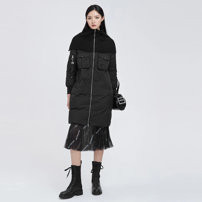 S·DEER圣迪奥时尚气质女装针织拼接罗纹茧型长款羽绒服S20482457