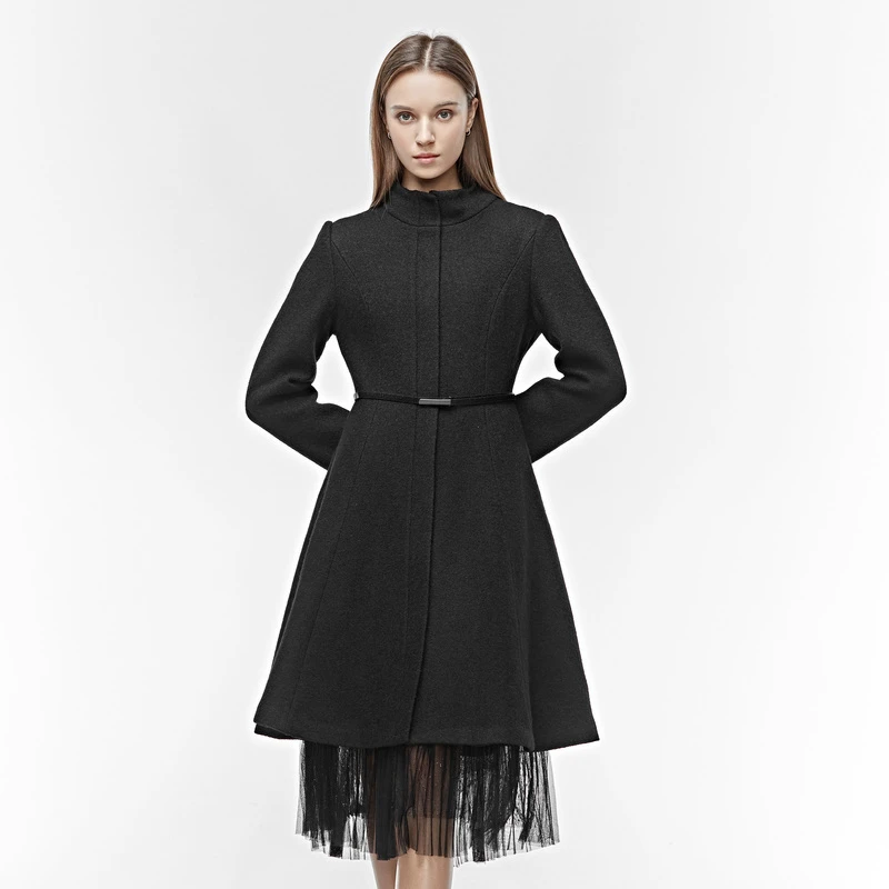 S·DEER圣迪奥立领插袋图腾绣花收腰黑中长款毛呢大衣S19481825