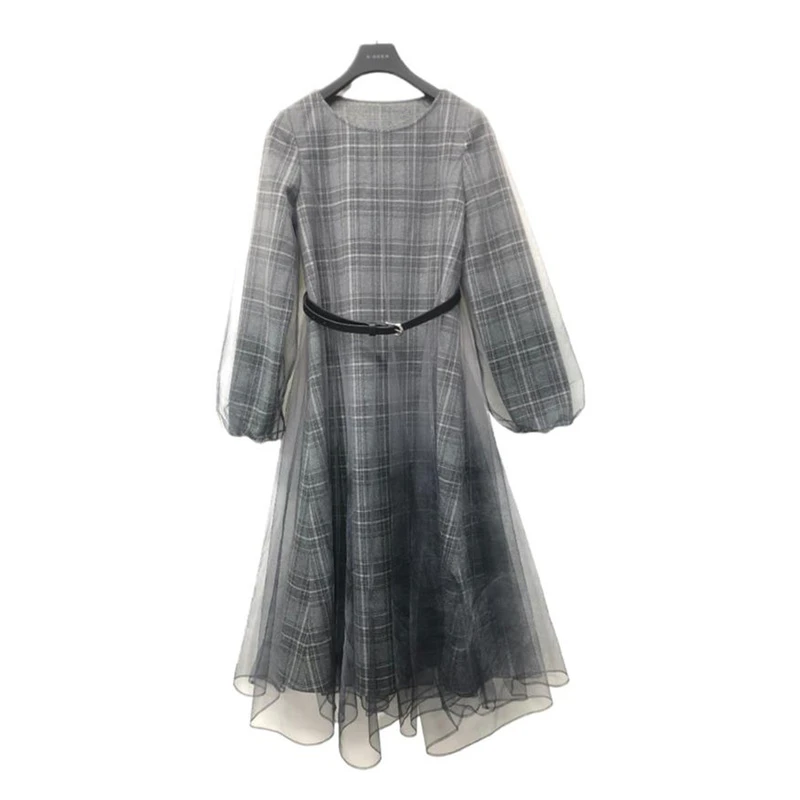 圣迪奥圆领甜美风时尚气质格子显瘦网纱格纹复古连衣裙S224Z1219