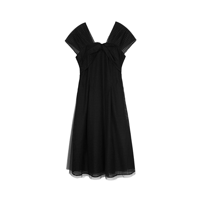 S·DEER圣迪奥女装无袖V领拼接格子网纱无袖气质连衣裙S223Z122T