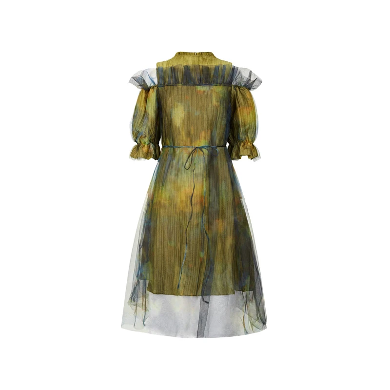 S·DEER女夏季时尚复古休闲圆领露肩晕染网纱收腰连衣裙S222Z12K8