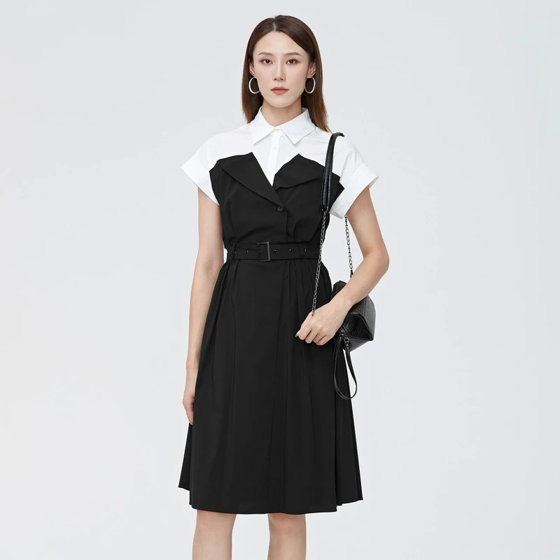 sdeer圣迪奥女装休闲收腰假两件拼接衬衫连衣裙S222Z1220