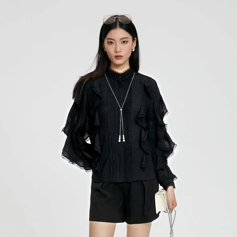 圣迪奥女春季新款时尚荷叶边小立领拼接百搭长袖衬衫S231Z0507