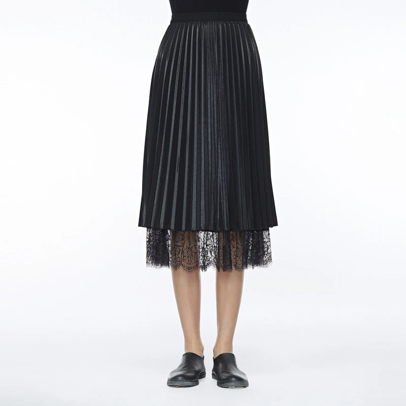 S·DEER蕾丝拼接纯黑百褶长裙S19481117