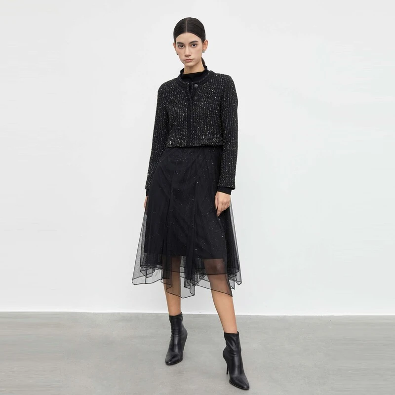 S·DEER圣迪奥女装时尚气质小香风名媛收腰网纱连衣裙S23461403