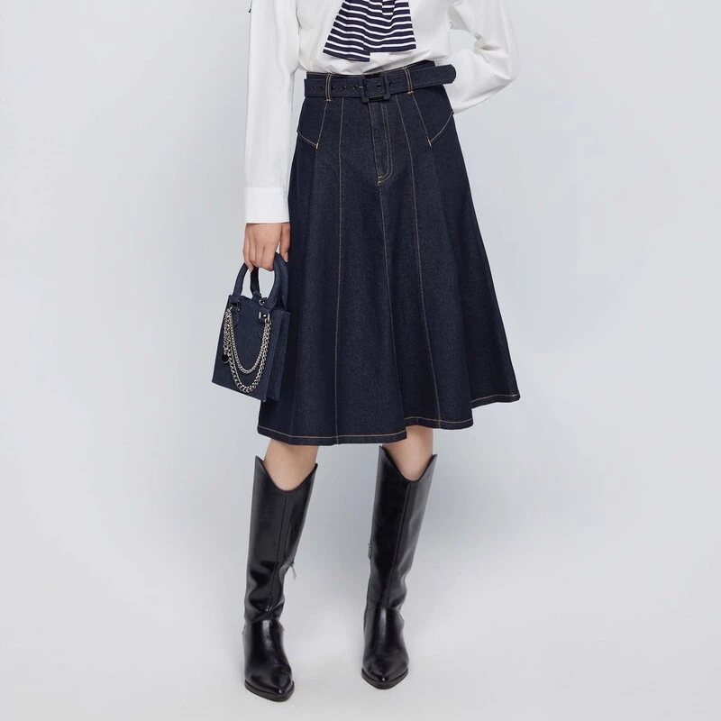 S·DEER圣迪奥女装时尚气质休闲高腰拼接A字牛仔长裙S24361105