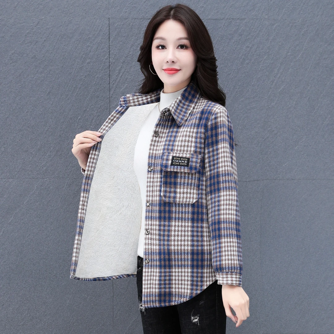 毛呢加绒保暖长袖百搭格子衬衫加厚韩版中老年百搭洋气YT-6035