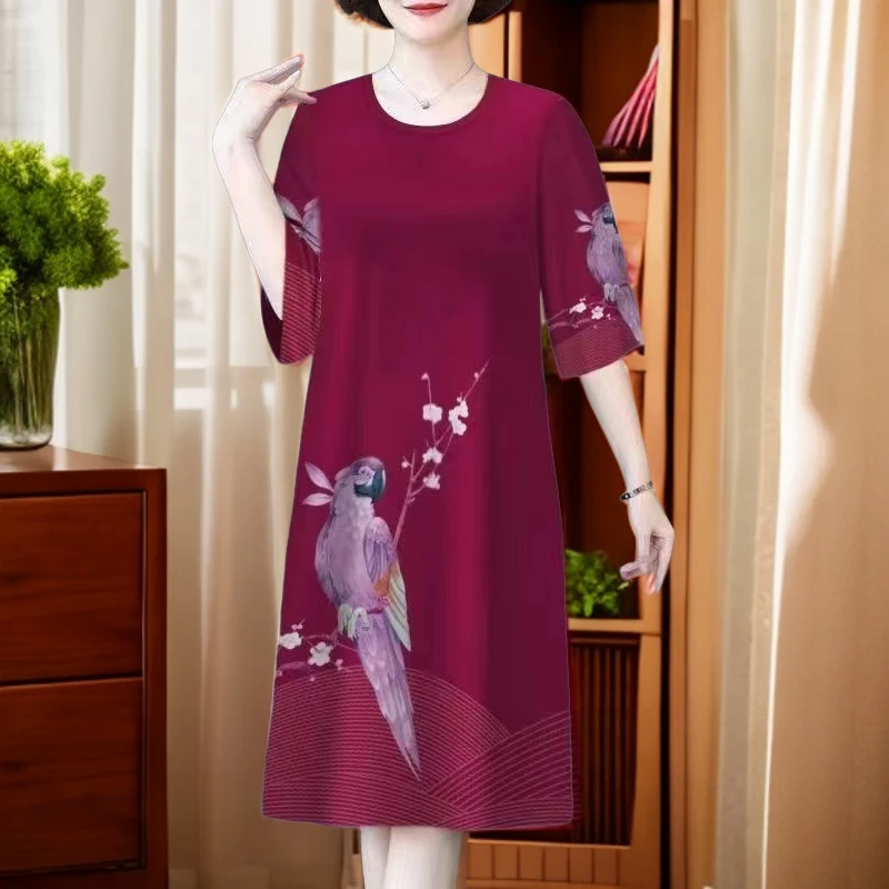 新款夏季妈妈装连衣裙宽松洋气显瘦中年大码印花时尚冰丝长裙短袖