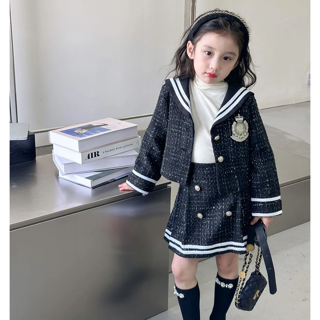 2025春季女童学院套装jk海军领外套百褶裙两件套