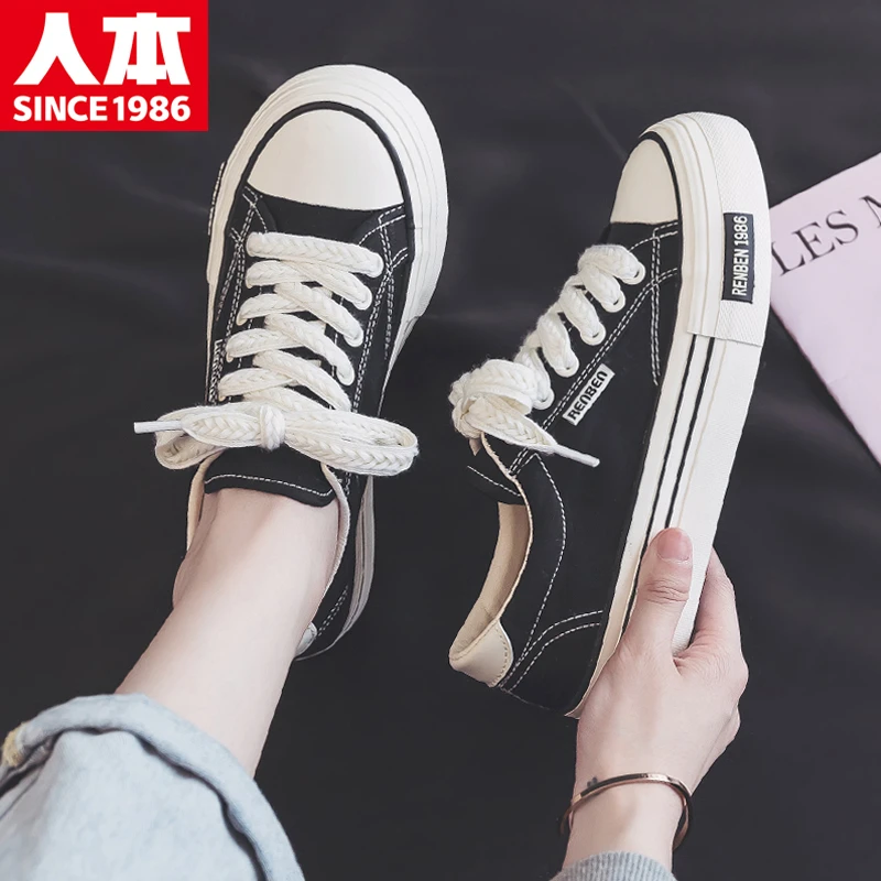 人本帆布鞋女2025秋季新款厚底运动板鞋百搭休闲潮流麦穗学生球鞋