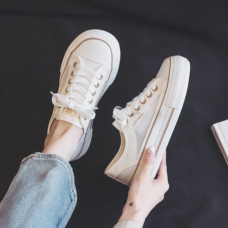 人本帆布鞋2025新款春夏季厚底百搭舒适休闲小白鞋网面透气板鞋子