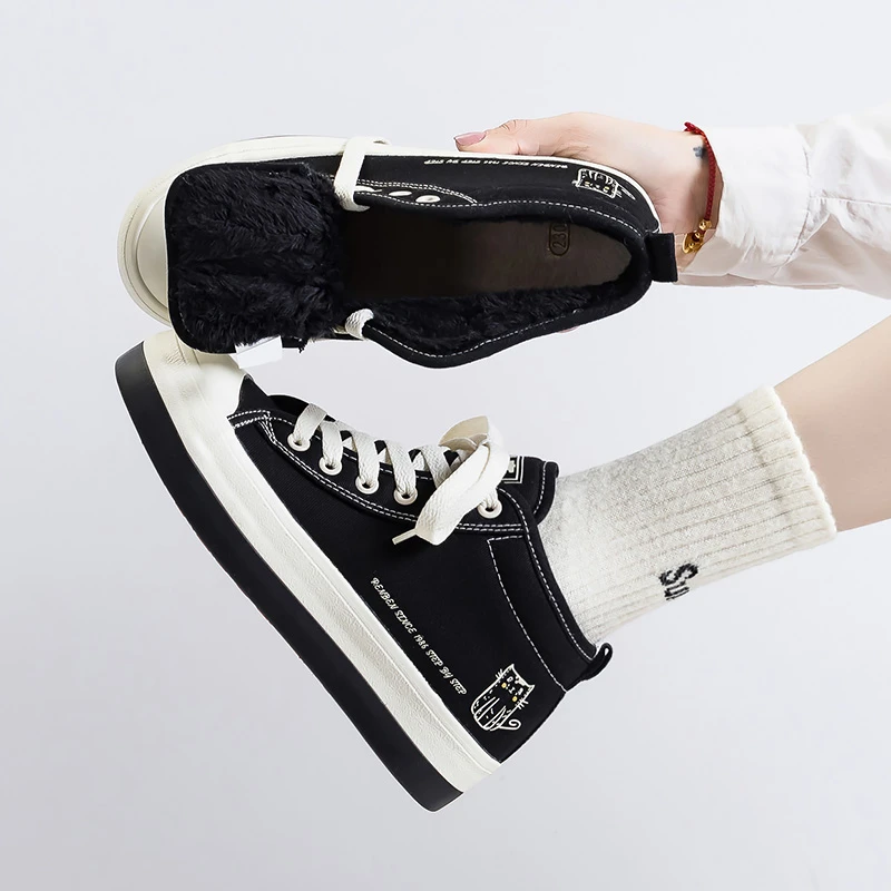 人本爆款高帮帆布鞋女2024冬季新款厚底加绒加厚女鞋百搭二棉鞋子