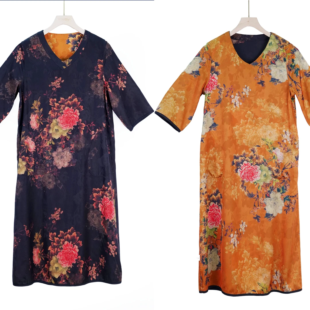 （苏依阁）春季新款两面穿高雅v领妈妈装印花高端气质中式连衣裙