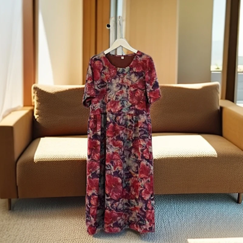 （苏依阁）夏季新款紫红花气质时尚复古女装连衣裙