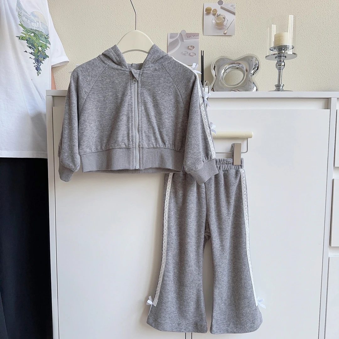 女童春秋季新款洋气休闲运动连帽开衫外套喇叭裤两件套AQA099