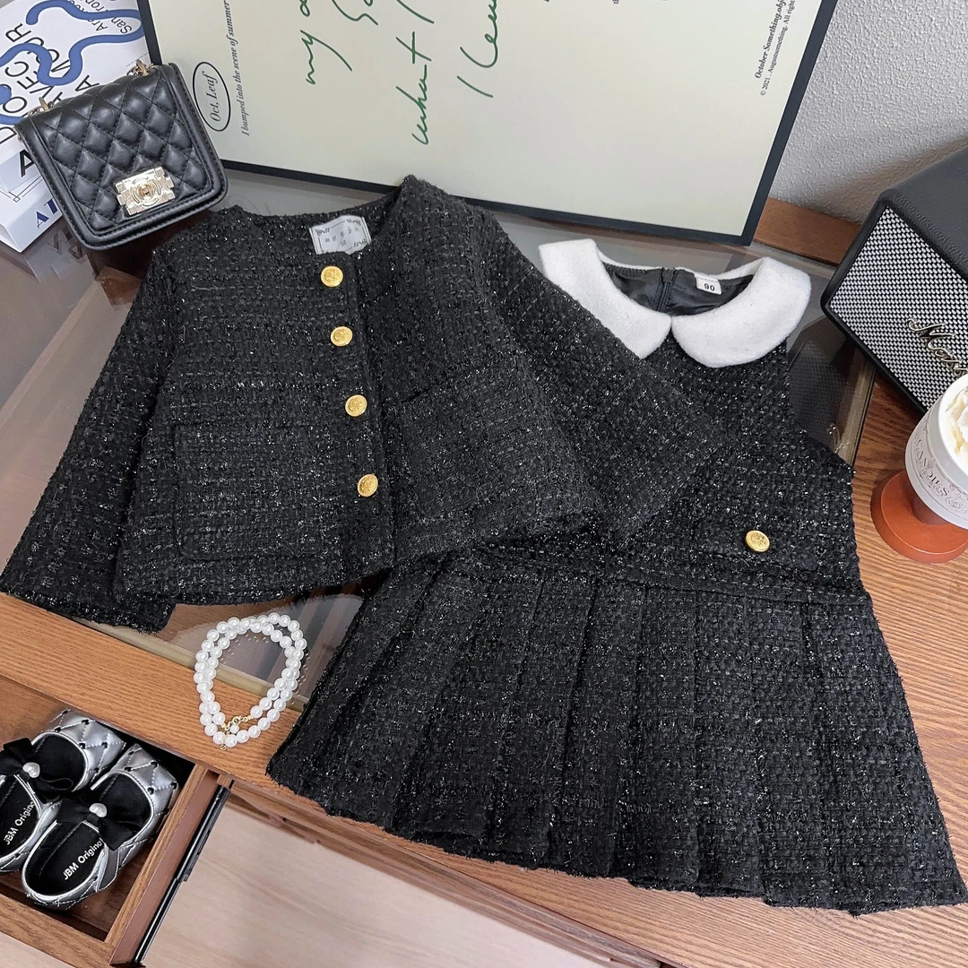 女童小香风套装冬季新款洋气时尚小女孩外套背心裙两件套AWA381