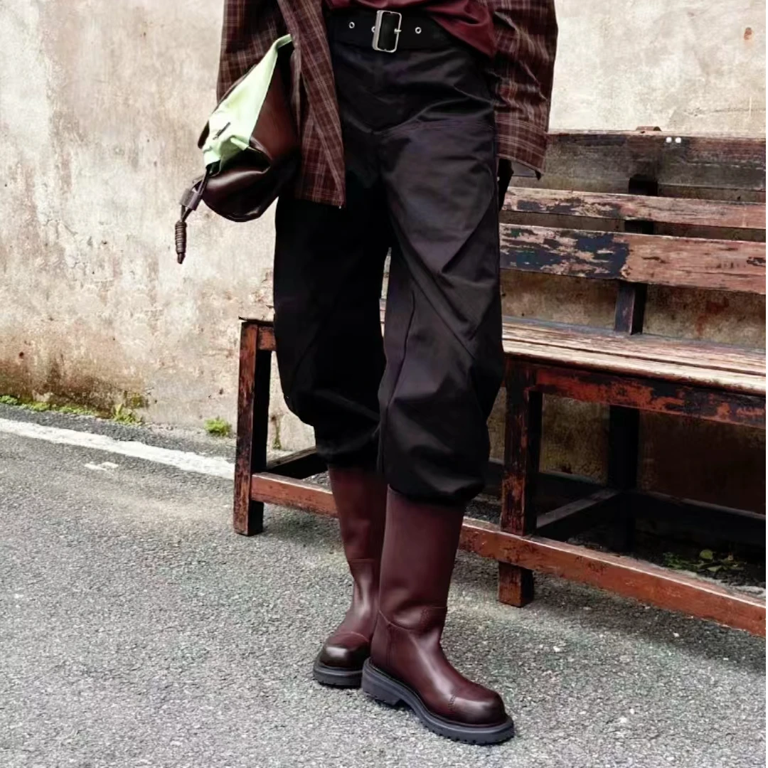 萝茜妮嫚双11爆款萝茜妮嫚英伦抖音厚底真皮圆头大筒围长筒靴女士