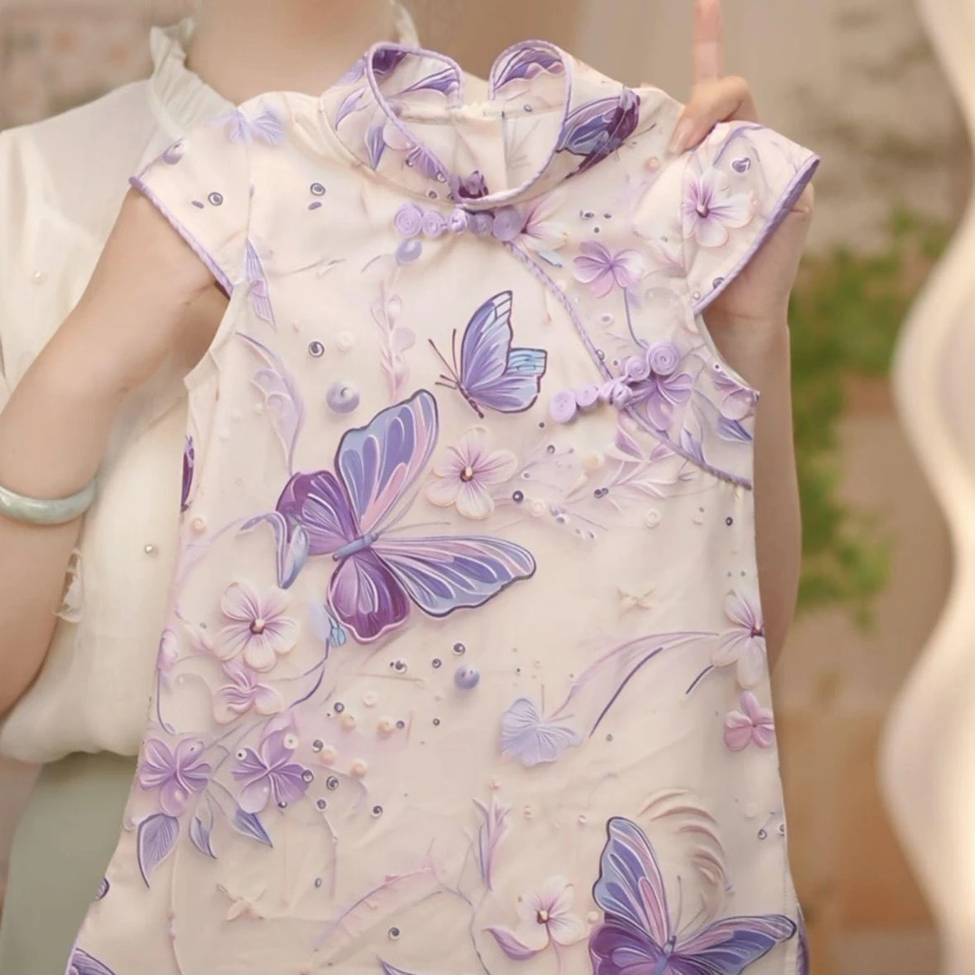 儿童旗袍新款国风印花紫色蝴蝶中式夏季改良连衣裙民族风夏款气质
