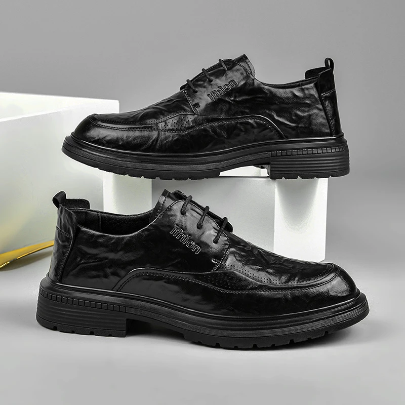 8669皮鞋男新款休闲百搭正装商务男士时尚手抓纹潮流系带增高潮鞋