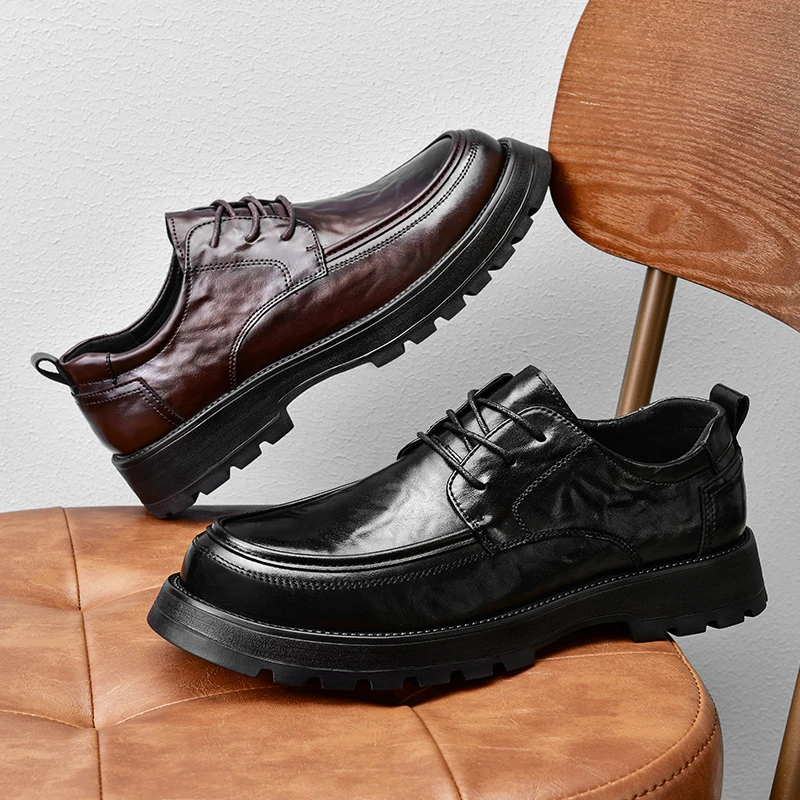 1625休闲男皮鞋透气百搭时尚潮流商务圆头系带英伦风厚底增高鞋子
