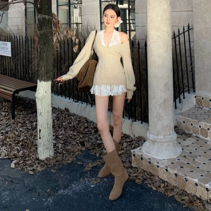 辣妹收腰绑带v领长袖针织毛衣上衣性感挂脖蕾丝连衣裙两件套女春