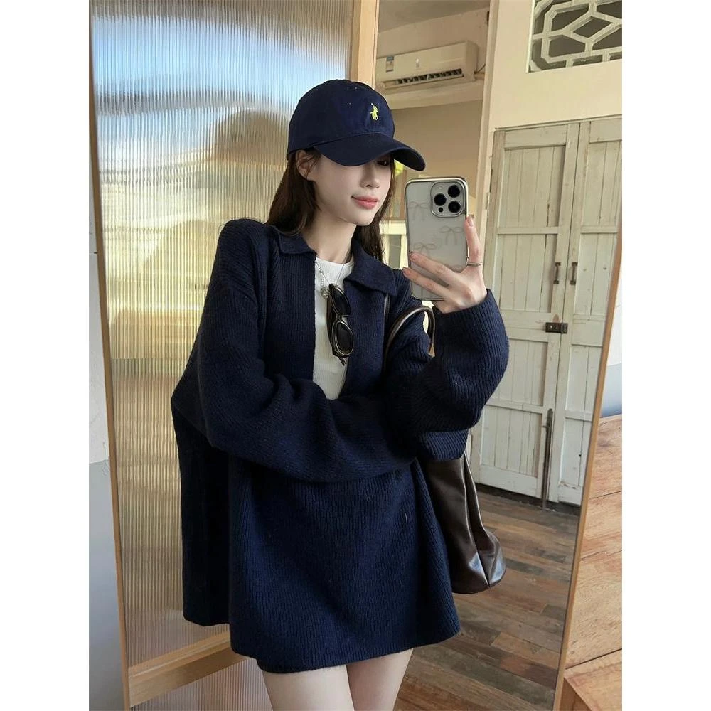 坑条V领针织衫毛衣女夏季宽松中长款长袖上衣高腰短裤松弛感套装