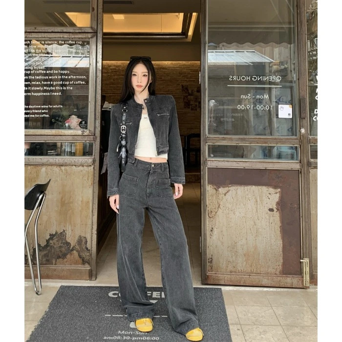 甜酷套装高级感水洗短款牛仔外套女秋季高腰宽松牛仔裤时尚两件套
