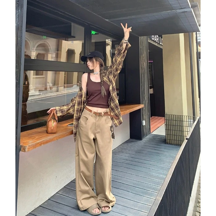 高腰休闲裤女春装2025新款复古时尚显瘦垂感长裤宽松直筒阔腿裤子