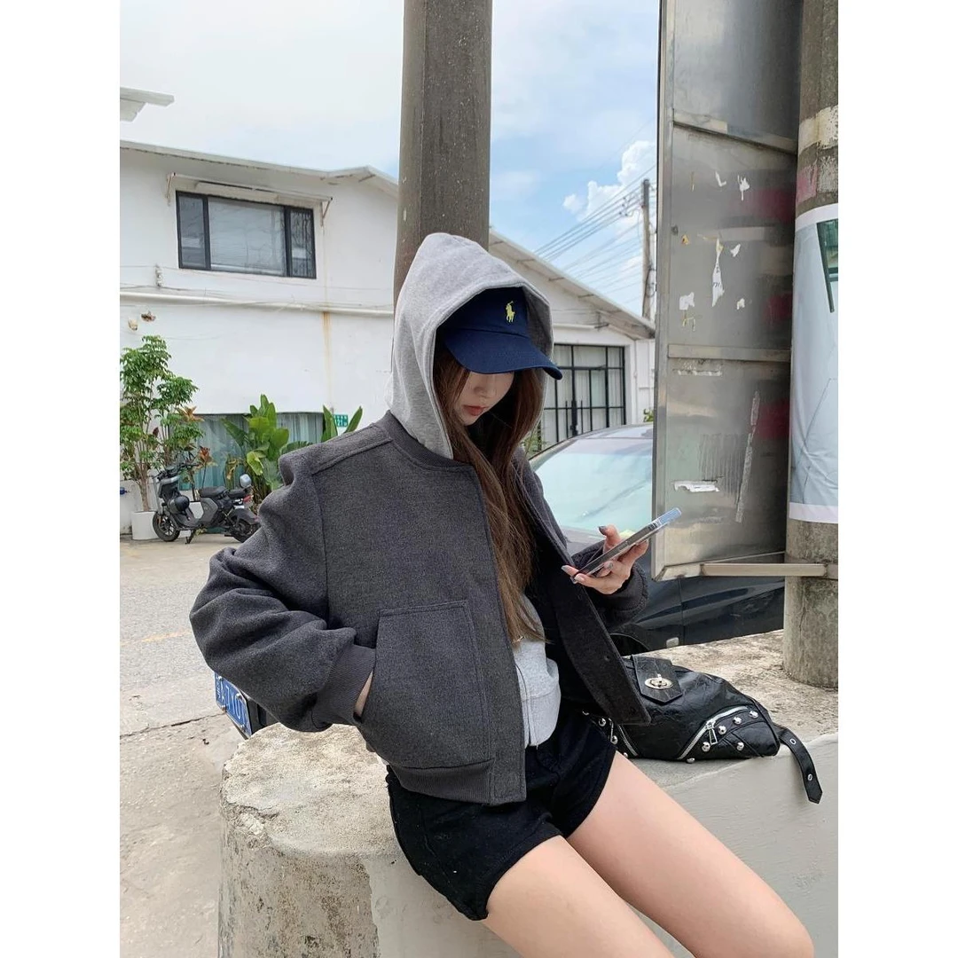 休闲宽松连帽卫衣上衣美式长袖棒球服百搭毛呢外套秋季两件套女装