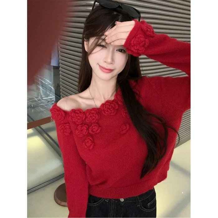 法式甜妹风立体玫瑰花短款针织衫女春季宽松显瘦长袖套头红色上衣