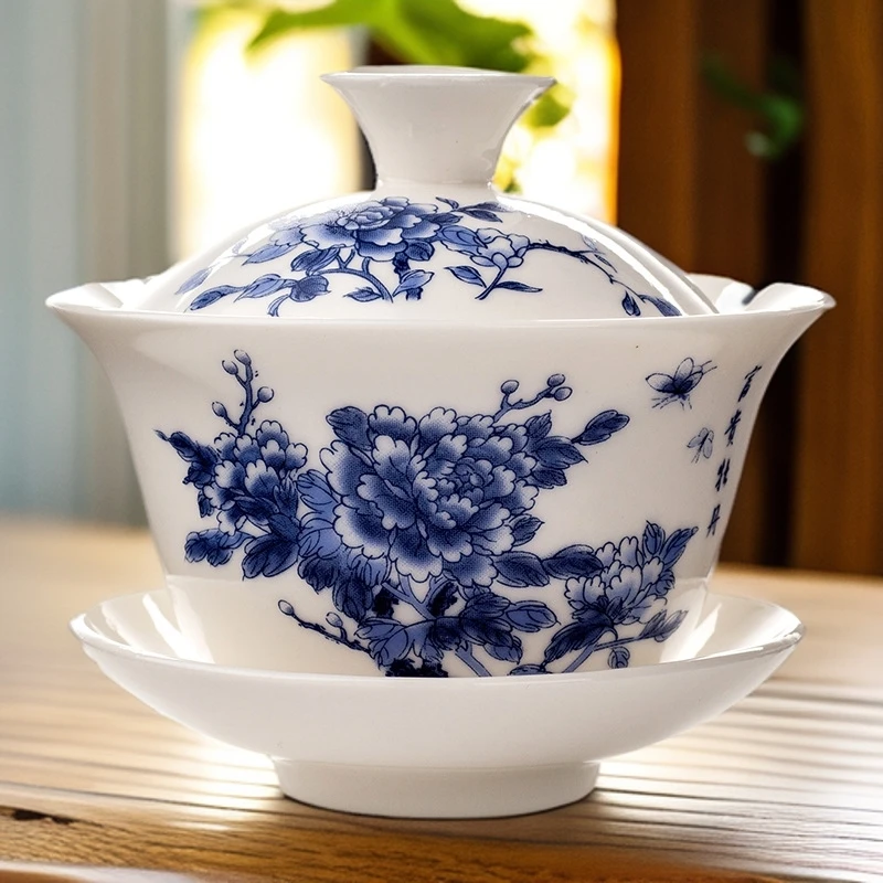 简约中式青花白瓷盖碗茶杯茶具套装复古三才盖碗带盖泡茶盖碗