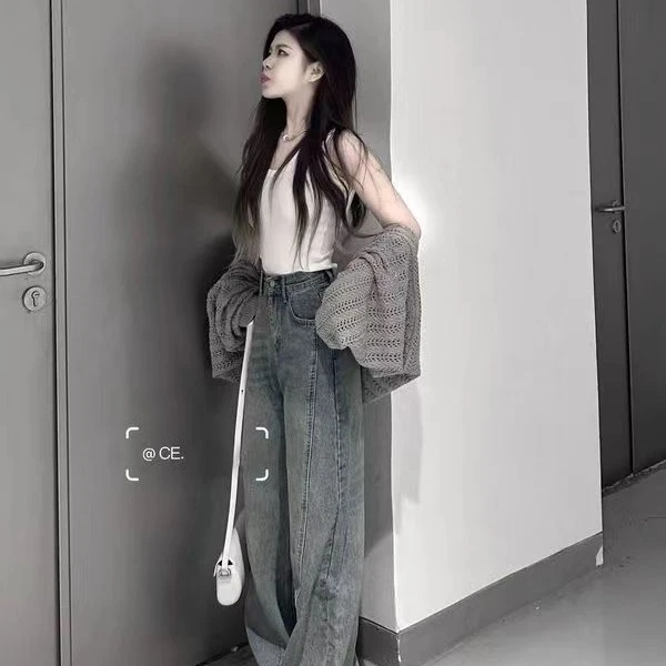甜辣2024夏季薄款针织罩衫女镂空宽松慵懒复古风防晒遮肉披肩上衣