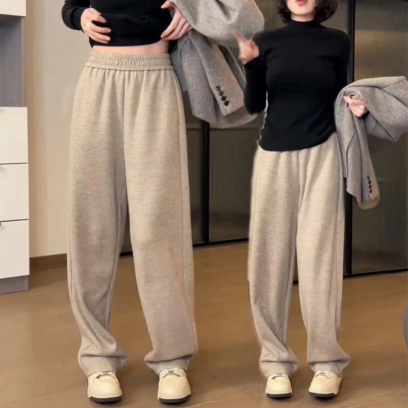 加绒加厚羊绒阔腿裤女秋冬2023极简风显瘦宽松休闲裤直筒香蕉裤