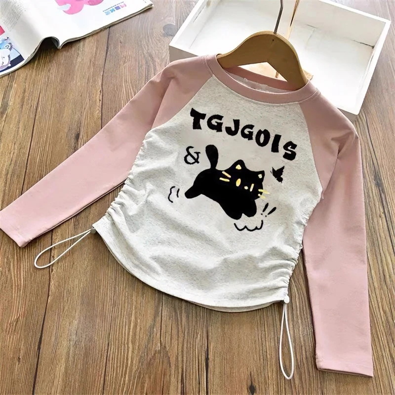 纯棉女童长袖t恤2024春秋新款洋气时尚中大童女孩上衣修身打底衫