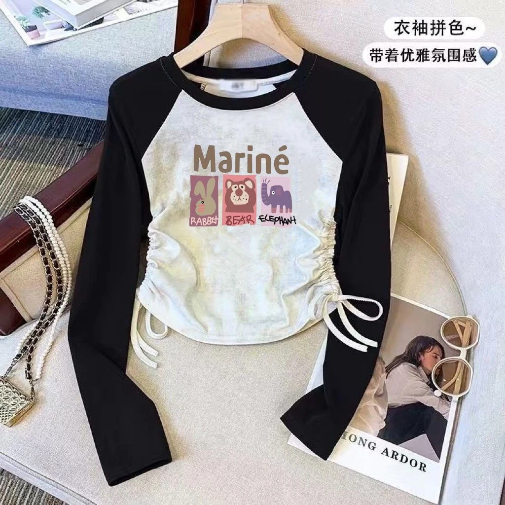 儿童春秋长袖女童新款2024抽绳T恤时尚洋气中大童韩版打底上衣潮