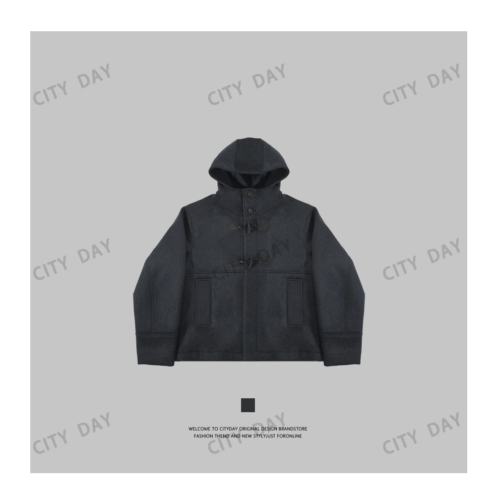 CityDay【楠哥】重磅精纺羊毛牛角扣连帽廓形单面呢外套003