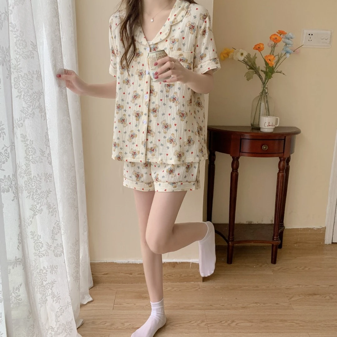 亚麻睡衣女2023年新款夏季全棉短袖短裤纯棉麻双层纱布家居服套装