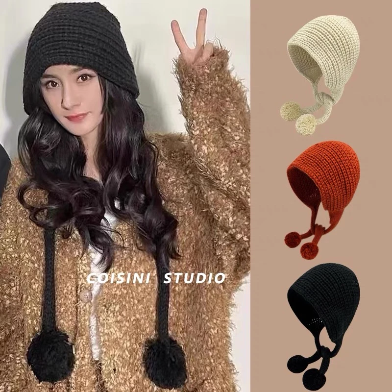 大幂同款黑色毛线帽子女秋冬保暖护耳学生百搭网红长辫子针织帽潮