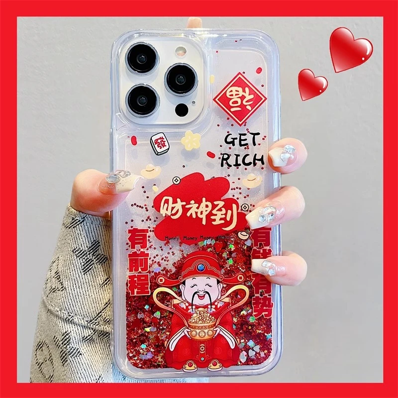 创意新年款财神爷适用iPhone15手机壳14promax流沙13透明12网红11