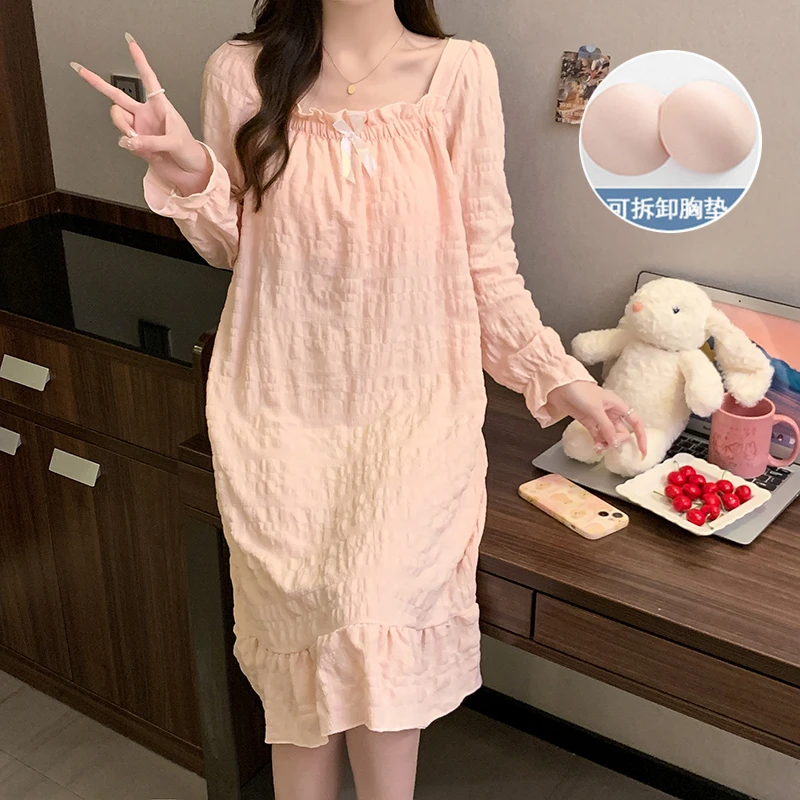 带胸垫睡裙女款春秋季长袖新款爆款韩版中长款粉色睡衣少女家居服