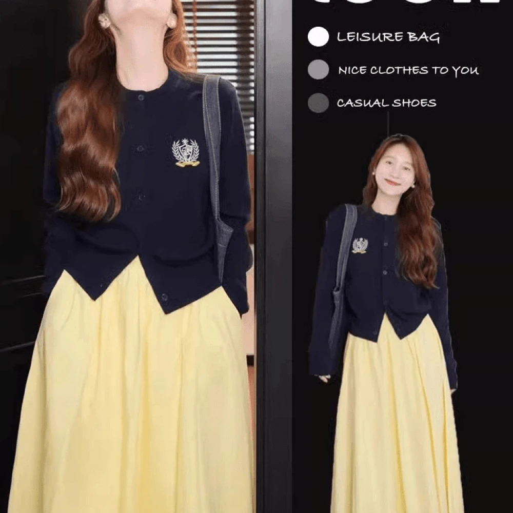 黄色套装裙女秋冬大码胖mm遮肉显瘦短款小香风针织衫半身裙两件套