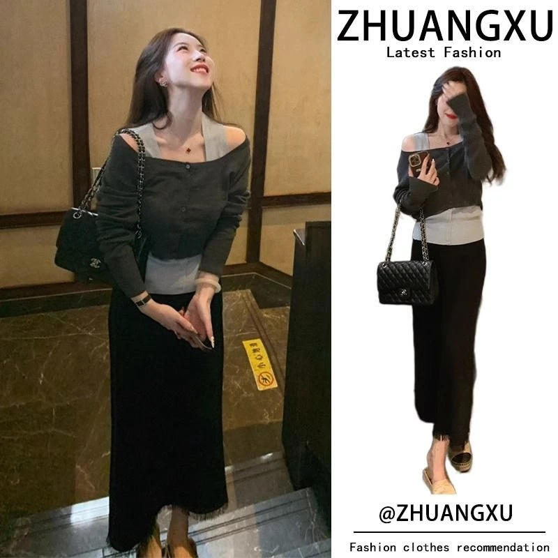 韩系高级感穿搭女装秋季一整套时尚独特针织上衣背心半身裙三件套